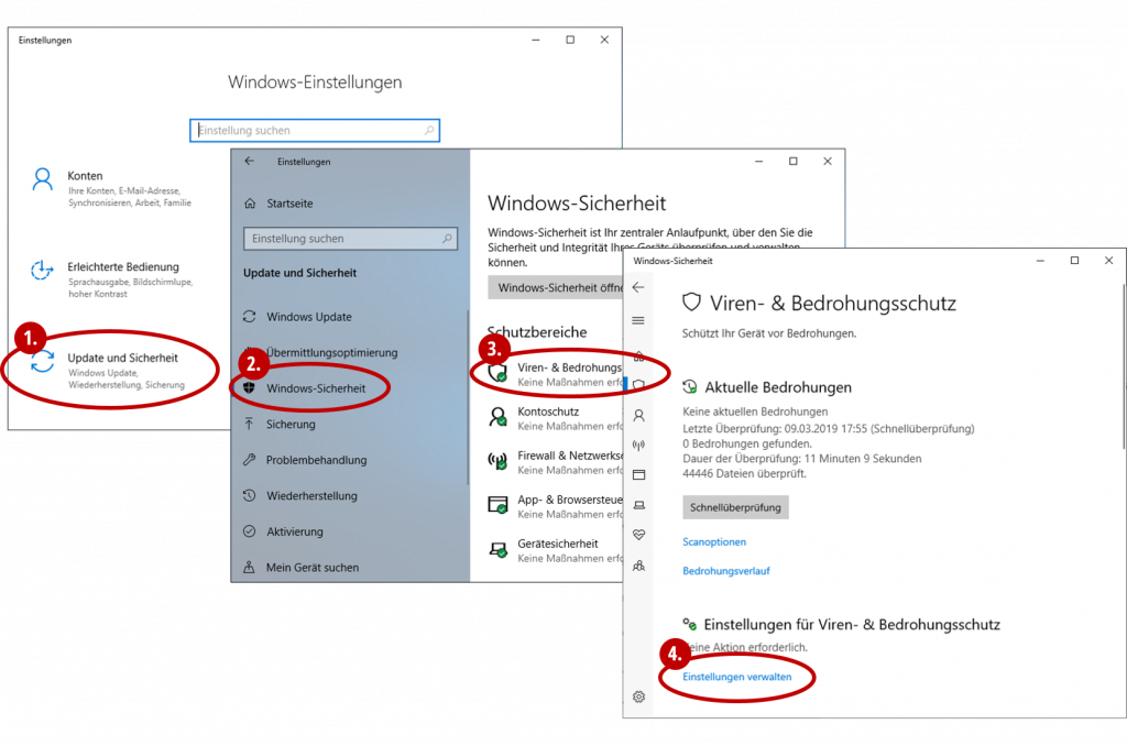 Klickabfolge zum Viren- und Bedrohungsschutz in Windows 10