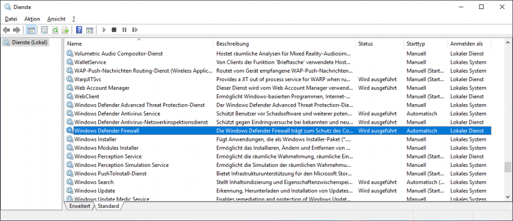 Vier zum Windows Defender gehörende Dienste