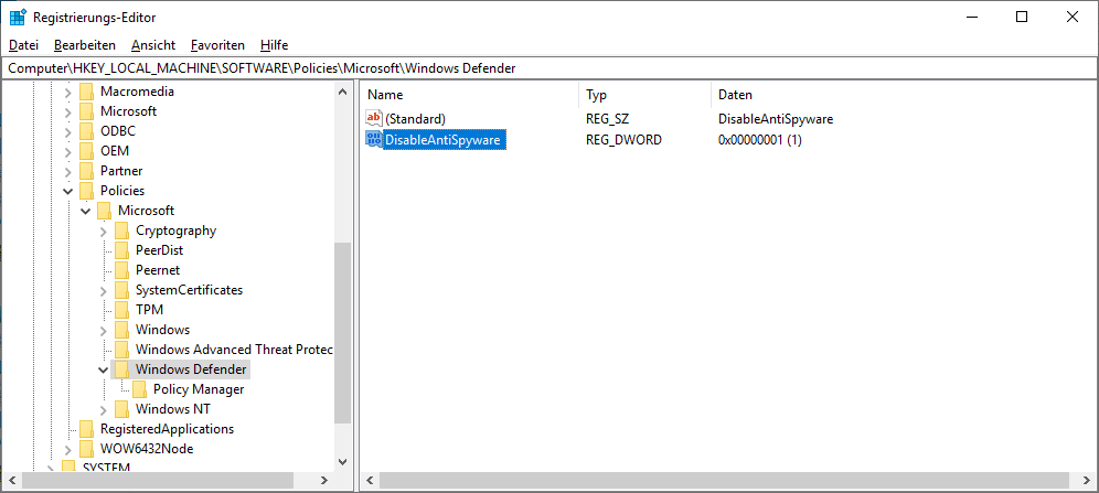 Windows Defender direkt in der Registry deaktivieren