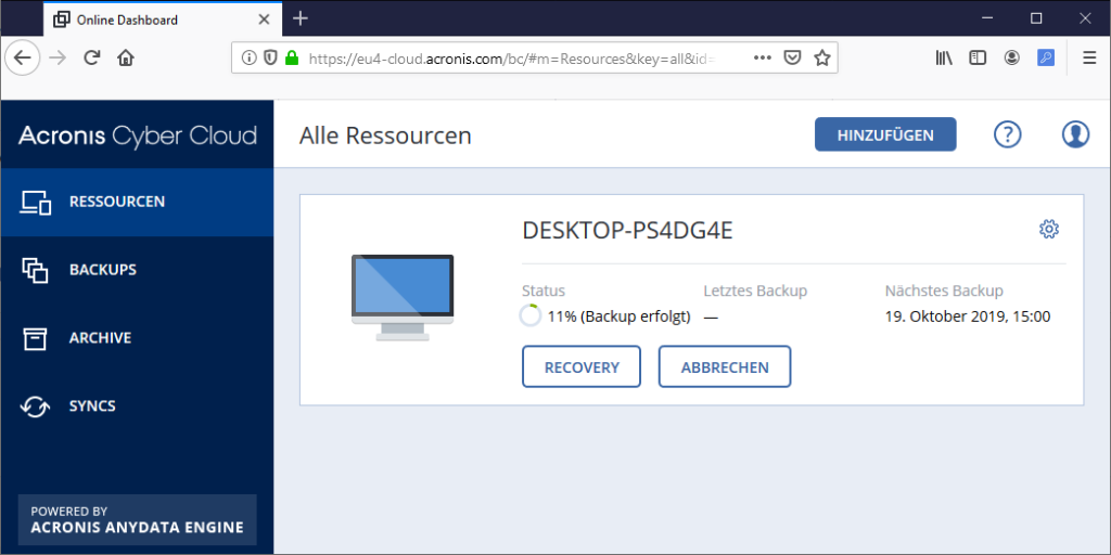 Acronis Cloud Backup - Acronis Cloud Dashboard