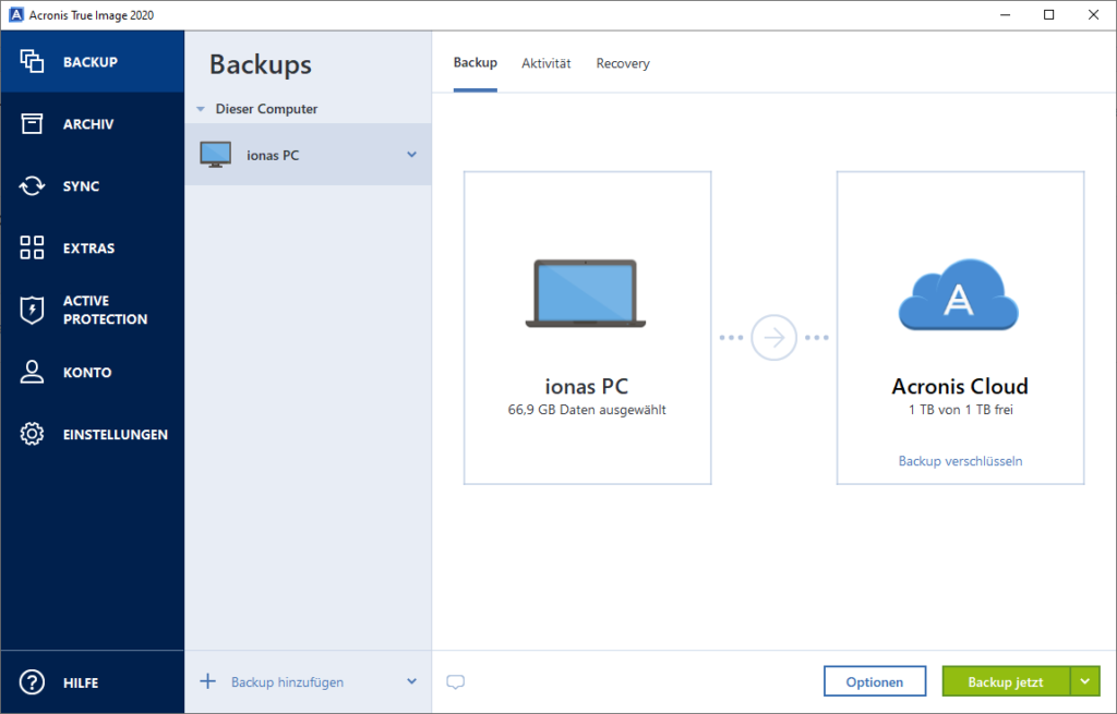 Acronis Cloud Backup - Backup-Umfang