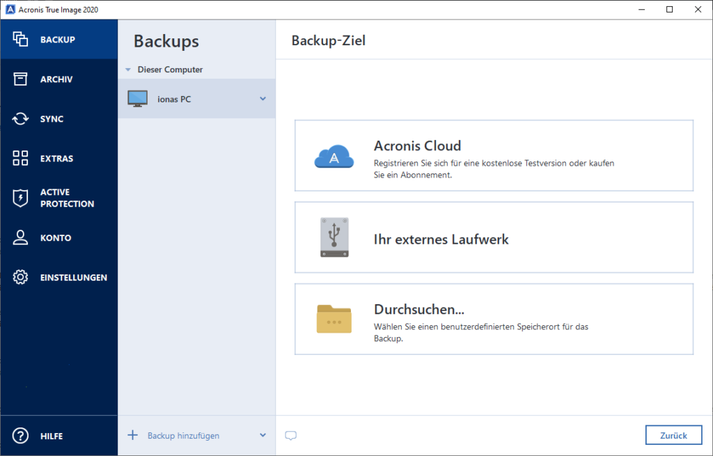 Acronis Cloud Backup - Backup-Ziel