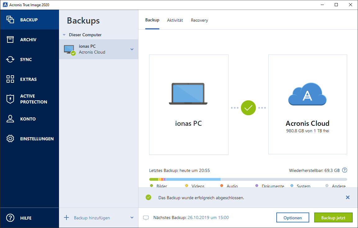 Acronis Cloud Backup - Erfolgreicher Abschluss eines Backups