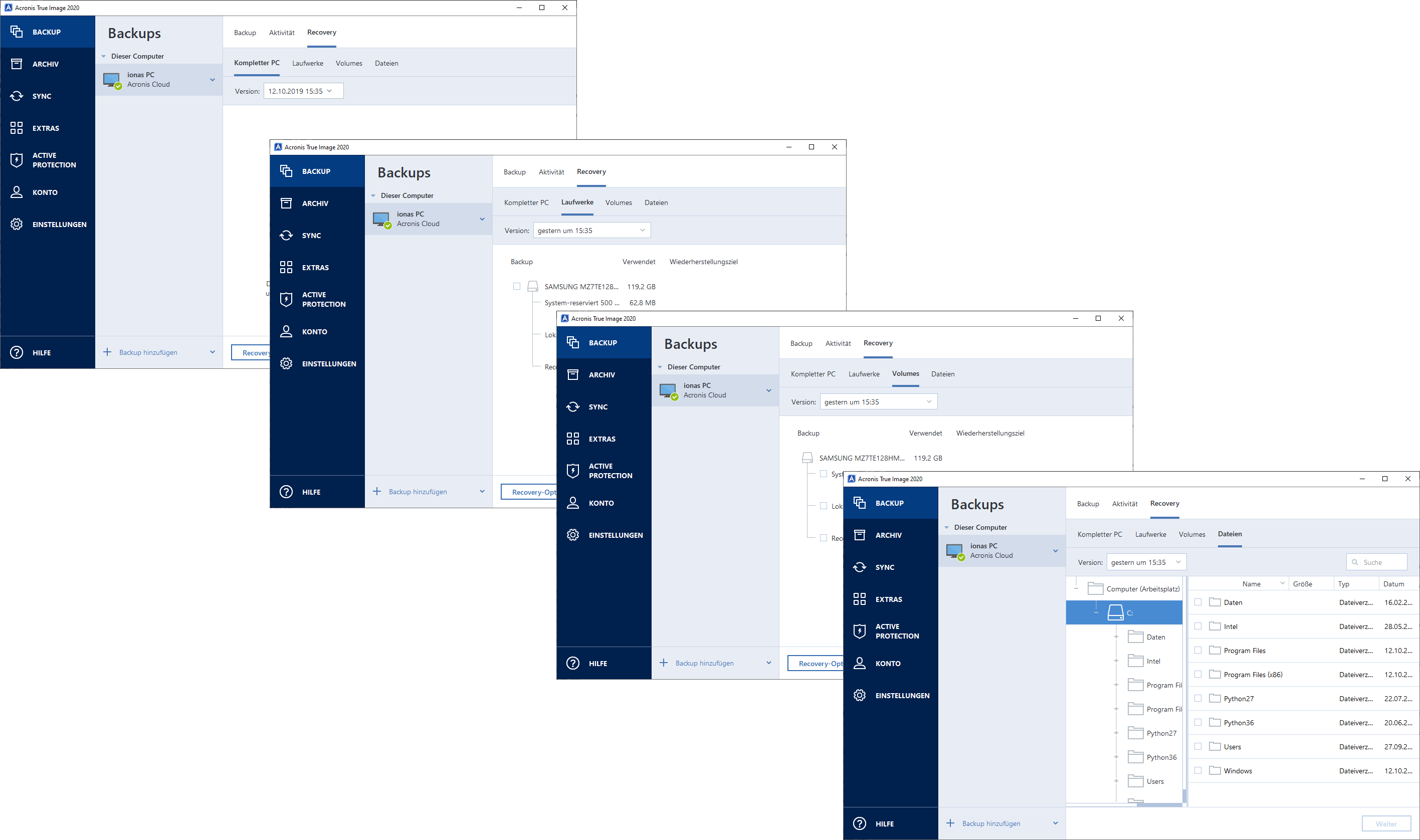 Acronis Cloud Backup Recovery - Restore Optionen