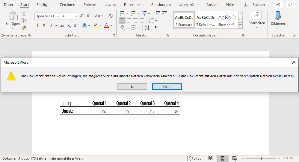 Automatische Aktualisierung beim Öffnen eines Word Dokuments mit verknüpfter Tabelle