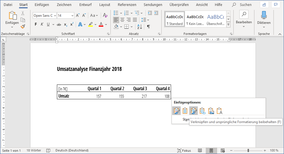 Einfügeoptionen in Word für Excel Tabelle