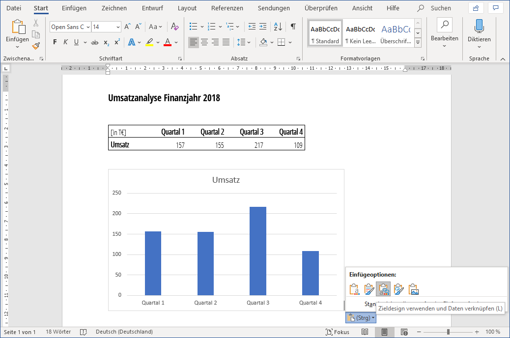 Einfügeoptionen in Word für Excel Diagramm